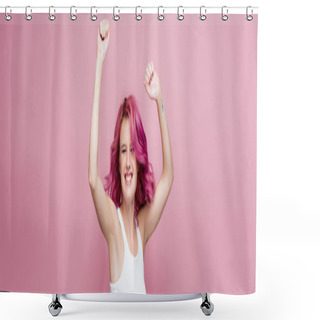 Personality  Young Woman With Colorful Hair Rejoicing Isolated On Pink, Panoramic Shot Shower Curtains