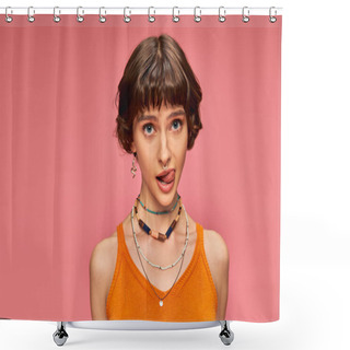 Personality  Cheeky Playful Girl In 20s With Short Brunette Hair Sticking Tongue Out On Pink Background Shower Curtains