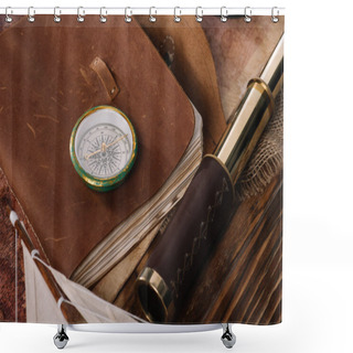 Personality  Compass On Copy Book With Leather Cover Near Telescope On Wooden Surface Shower Curtains