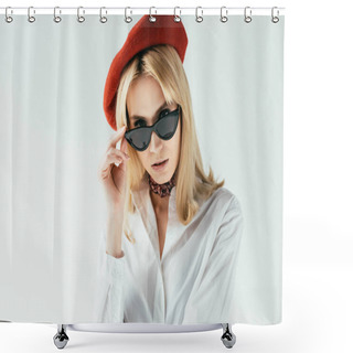 Personality  Attractive Young Woman In Red Beret Isolated On White Shower Curtains