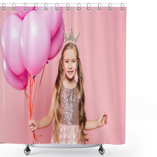 Personality  Cheerful Little Girl In Dress And Crown Holding Balloons Isolated On Pink Shower Curtains