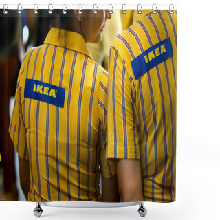 Personality  Bucharest, Romania - June 24, 2019: IKEA Staff Dressed In Uniforms Are Waiting The First Buyers In The Opening Day Of The IKEA Pallady Store, Which Is The Second In Bucharest And Elsewhere In Romania. Shower Curtains