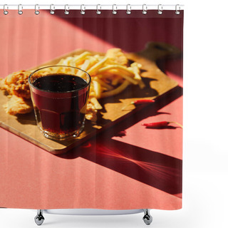 Personality  Selective Focus Of Spicy Deep Fried Chicken And French Fries Served On Wooden Cutting Board With Soda In Sunlight Shower Curtains