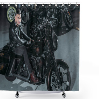 Personality  High Angle View Of Handsome Young Man In Leather Jacket Sitting On Bike At Garage Shower Curtains