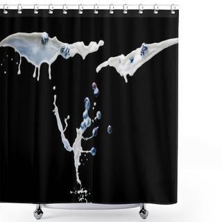 Personality  Flying Splashes Of Milk And Juicy Berries On Black Background Shower Curtains