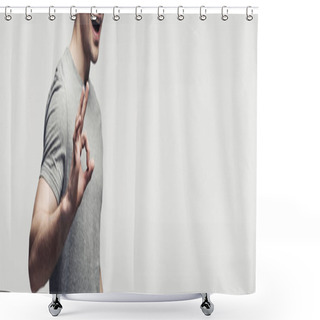 Personality  Partial View Of Smiling Man Showing Ok Gesture Isolated On Grey, Panoramic Shot, Human Emotion And Expression Concept Shower Curtains
