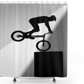 Personality  Silhouette Of Trial Cyclist Performing Stunt While Balancing On Cube On Grey Shower Curtains