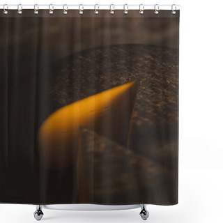 Personality  Close-up Shot Of Sliced Cheese On Rustic Wooden Cutting Board Shower Curtains