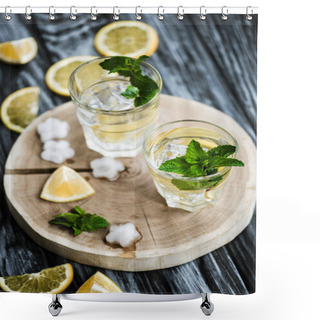 Personality  High Angle View Of Cold Fresh Mojito Cocktail In Glasses On Wooden Surface Shower Curtains