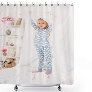 Personality  Smiling Kid In Pajamas Standing On Bed And Touching Canopy Shower Curtains
