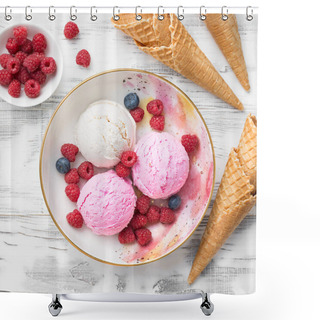 Personality  Ice Cream Scoops With Fresh Berries. Top View Shower Curtains