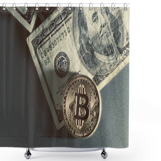 Personality  Dollar Bitcoin And White Laptop Close Up Clock, Time, Wristwatch Shower Curtains