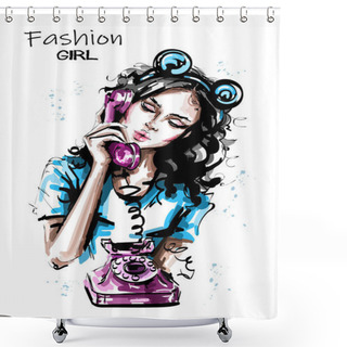 Personality  Hand Drawn Beautiful Young Woman Holding Handset Of An Old Vintage Style Telephone. Stylish Elegant Girl With Bear Ears Head Accessory. Fashion Woman Portrait. Sketch.  Shower Curtains