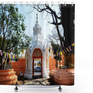 Personality  Ancient Art Gate Entrance Of Wat Phra Singh Or Phra Sing Antique Temple For Thai People Travelers Travel Visit Respect Praying Blessing Wish Myth Holy Mystical Buddha Mystery In Chiang Rai, Thailand Shower Curtains