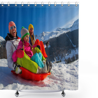 Personality  Winter Fun, Snow, Family Sledding At Winter Time Shower Curtains