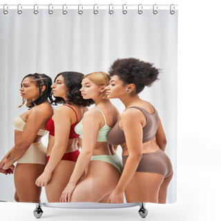 Personality  Side View Of Multiethnic Women In Colorful And Modern Lingerie Looking Away While Standing Together Isolated On Grey, Different Body Types And Self-acceptance Concept, Multicultural Models Shower Curtains