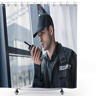 Personality  Cropped View Of Guard In Uniform Talking On Walkie-talkie And Looking Away Shower Curtains