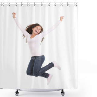 Personality  Happy Woman Jumping. Excited Young Woman Jumping Of Joy. Full Length Portrait Of Mixed Race Chinese / Caucasian Model Isolated On Seamless White Background. Shower Curtains
