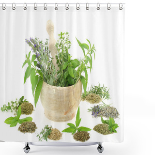 Personality  Mortar And Pestle With Herbs And Spices Shower Curtains