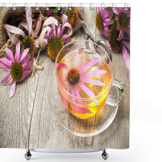 Personality  Cup Of Echinacea  Tea On Wooden Table Shower Curtains