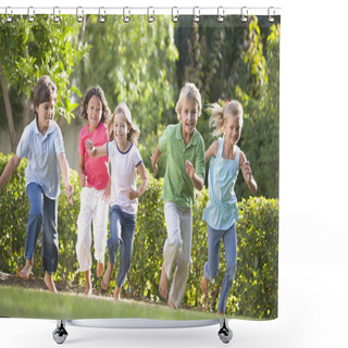 Personality  Five Young Friends Running Outdoors Smiling Shower Curtains