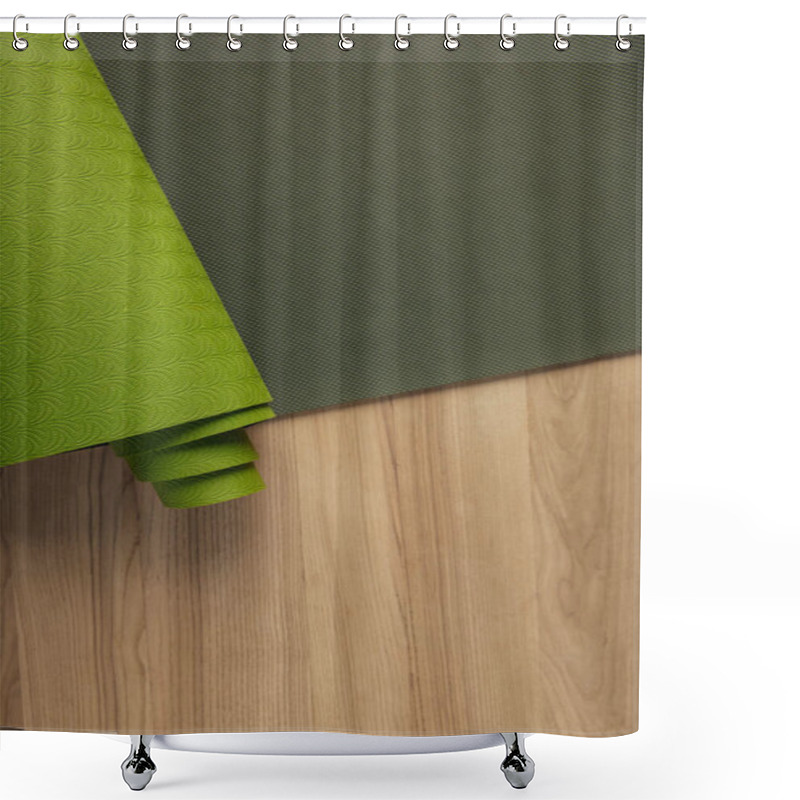 Personality  top view of green yoga mat on wooden brown floor shower curtains