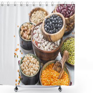 Personality  Legumes, Lentils, Chikpea And Beans Assortment On White. Shower Curtains