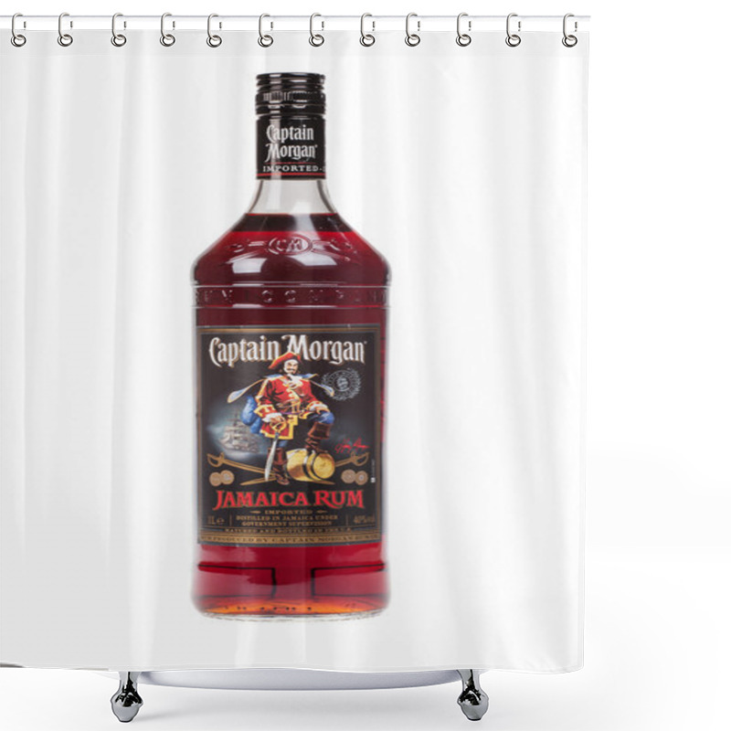 Personality  VARNA, BULGARIA - AUGUST 17.2016: Photo Of A Bottle Of Captain Morgan Rum, Isolated On White. Captain Morgan Is A Brand Of Rum Produced By Alcohol Conglomerate Diageo. Shower Curtains