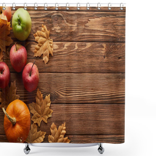 Personality  Top View Of Small Pumpkin And Apples On Brown Wooden Surface With Dried Autumn Leaves Shower Curtains