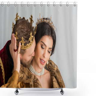 Personality  King With Crown Hugging And Kissing Attractive Queen Isolated On Grey Shower Curtains
