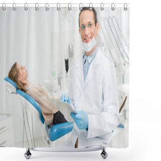 Personality  Doctor Filling Checklist About Female Patient Health In Modern Dental Clinic Shower Curtains