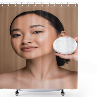 Personality  Pretty Asian Woman With Naked Shoulders And Perfect Skin Holding Cosmetic Cream Isolated On Brown  Shower Curtains