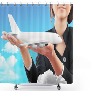 Personality  Portrait Of Young Happy Woman Stewardess Holding Jet Aircraft In Shower Curtains