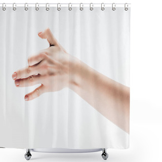 Personality  Cropped Shot Of Woman Making Dog Gesture With Hand Isolated On White Shower Curtains