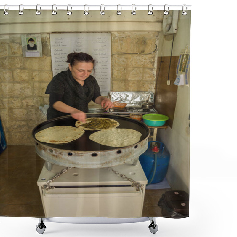 Personality  Deir El Qamar, Lebanon, April 05 - 2017: Lebanese Woman Preparing A Typical Lebanese Food, Preparing The Zaatar Manoucher. Shower Curtains