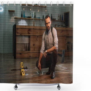 Personality  Pensive Male Detective Sitting At Crime Scene  Shower Curtains