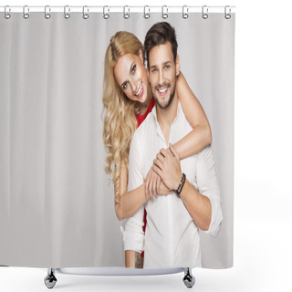 Personality  Portrait Of Smiling Beautiful Couple Shower Curtains