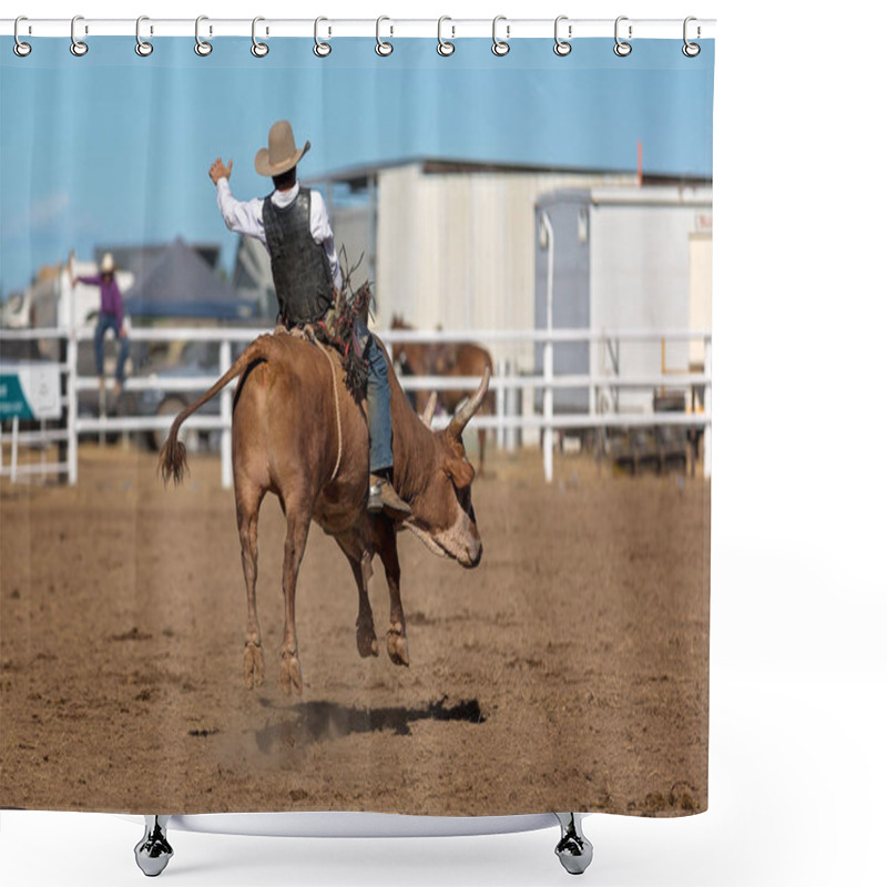 Personality  A Cowboy Competing In A Bull Riding Competition At A Country Rodeo Shower Curtains