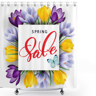 Personality  Spring Sale Concept. Spring Background With Flowering Crocuses.Template Vector. Shower Curtains