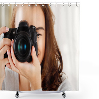Personality  Pretty Woman Is A Professional Photographer With Dslr Camera Shower Curtains