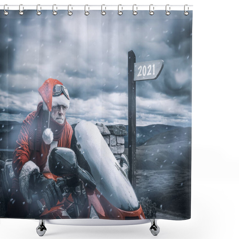 Personality  Serious Santa Claus Rushes Into The New Year 2021 On A Red Motorcycle Against The Backdrop Of A Winter Cool Landscape With Mounts And Snowstorm. Shower Curtains