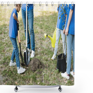 Personality  Cropped View Of Mother And Daughter Holding Young Tree And Watering Can While Father And Son Digging Ground, Ecology Concept Shower Curtains