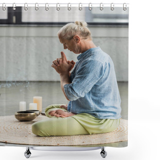 Personality  Side View Of Grey Haired Man Meditating Near Tibetan Singing Bowls And Candles In Yoga Studio  Shower Curtains