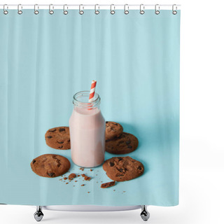Personality  Strawberry Milkshake In Bottle With Drinking Straw Surrounded By Chocolate Cookies On Blue Background  Shower Curtains