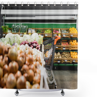 Personality  Shopping Trolley Near Vegetables On Blurred Foreground In Supermarket  Shower Curtains