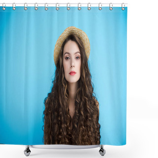 Personality  Beautiful Young Woman In Canotier Hat On Long Curly Hair Isolated On Blue Shower Curtains