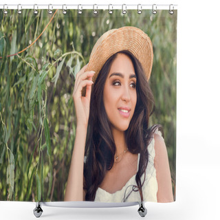 Personality  Beautiful Young Woman In Straw Hat Posing Near Willow Tree Shower Curtains