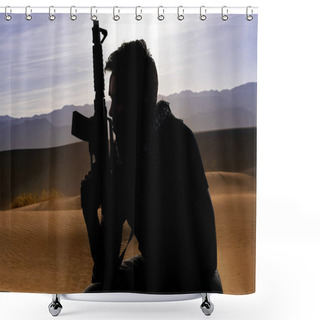 Personality  Silhouette Of A Male Soldier Resting In The Shade On A Desert And Holding A Rifle.  Depicts The Private Military Industry, Militia, Or Special Forces.  He Looks Tired And Homesick Shower Curtains