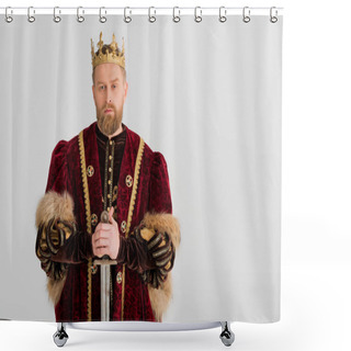 Personality  Serious King With Crown Holding Sword Isolated On Grey Shower Curtains