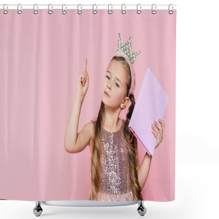 Personality  Little Girl In Crown Holding Book And Pointing With Finger Isolated On Pink  Shower Curtains